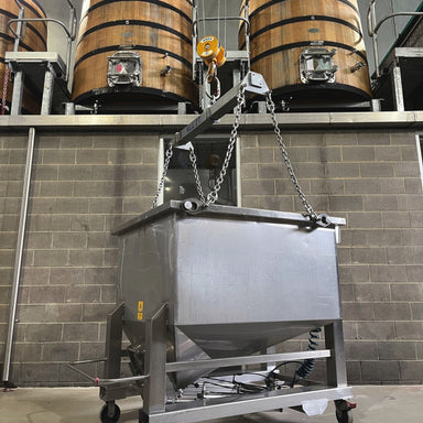 Crane lifts juice and skins into our fermentation tanks that sit 3m off the ground. Our gravity flow system ensures the grapes are handled gently and with minimal agitation - Kent Street Cellars