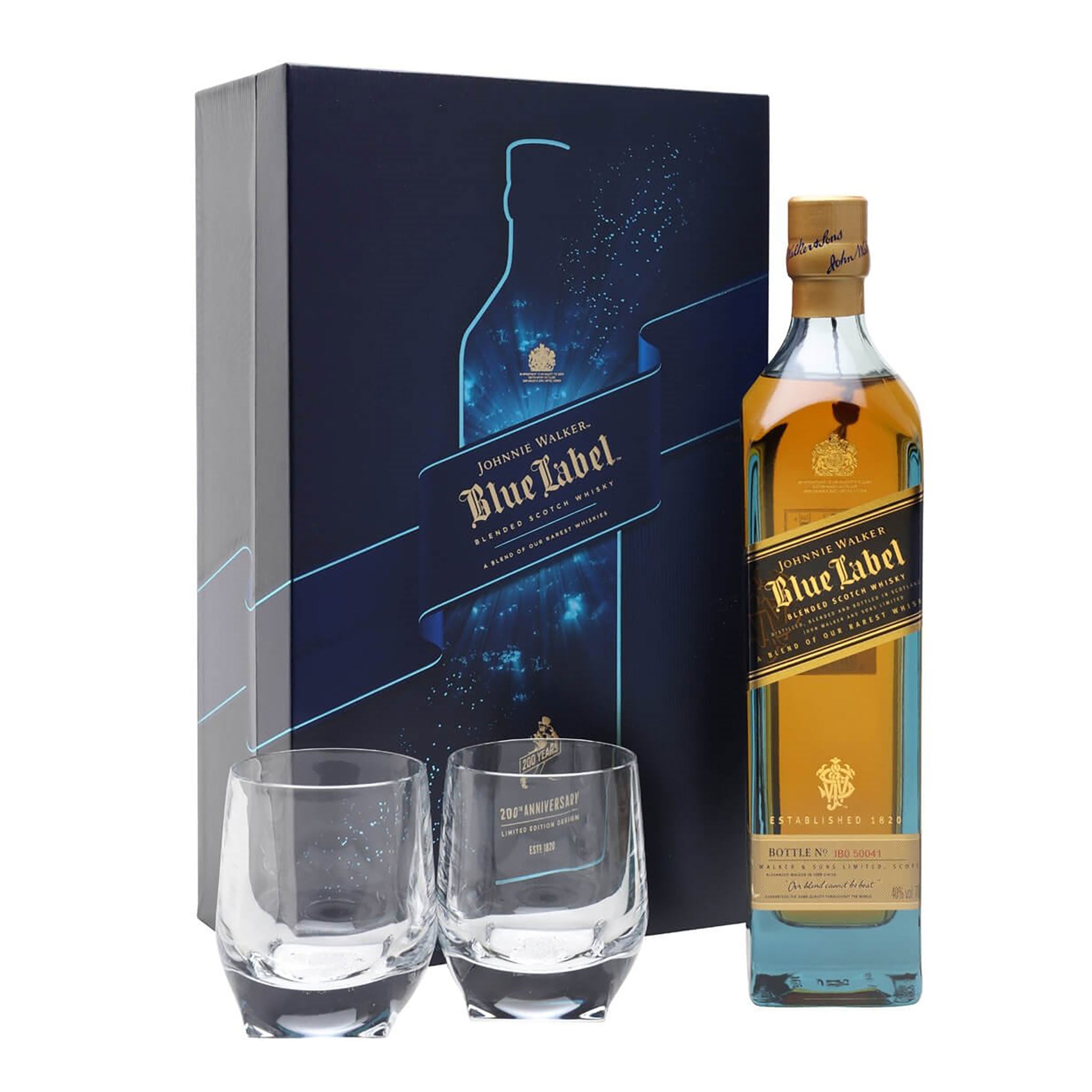 Johnnie Walker Blue Label Blended Scotch Whisky 700ml + 2 Glasses 200th Anniversary Limited Edition